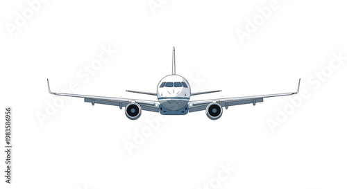 A large commercial airliner is presented from a direct head-on perspective showing its powerful engines and wide wingspan against a pure white backdrop.