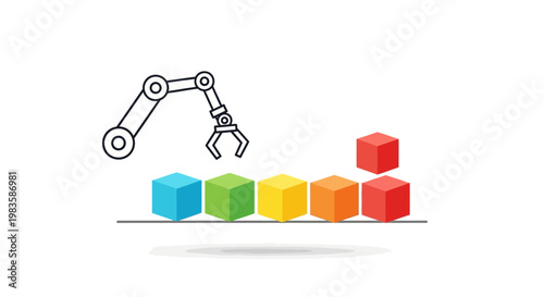 A robotic arm picking up colored blocks.