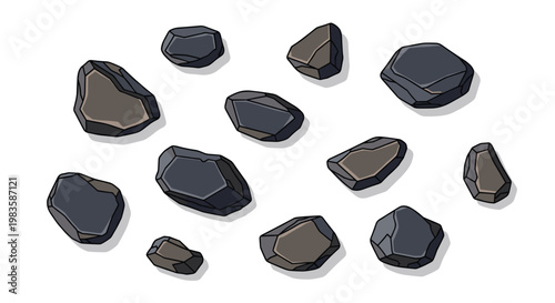 A collection of various dark grey and brown jagged rocks are scattered randomly across a pristine white surface under soft and diffused overhead light.