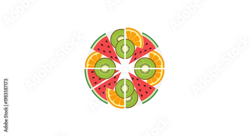 Colorful fruit slices arranged in circle.