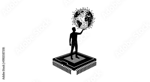 Man holding a globe on a microchip.