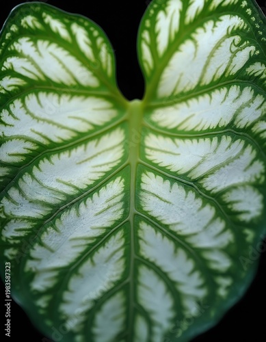 Macro shot of green leaf with white variegation pattern. Shows intricate veins and textured surface. Contrasting bold green borders edge heart shape leaf.