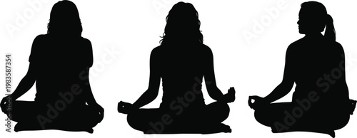 Meditation silhouettes set, women sitting in lotus pose, yoga vector illustration collection design elements