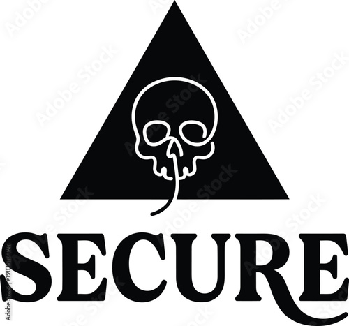 Cybersecurity skull logo with triangle symbol and secure text for data protection and hacking prevention concept.