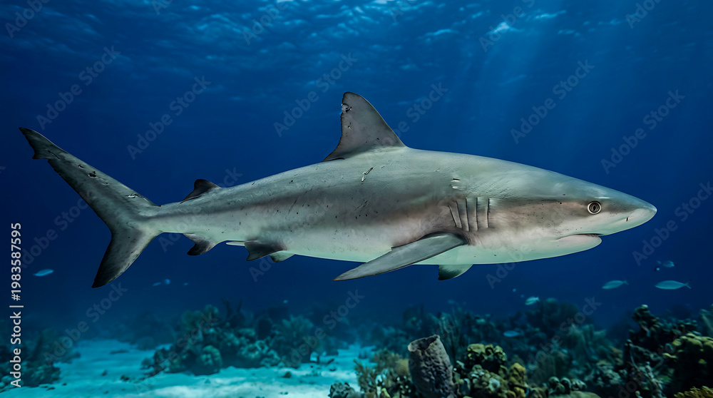 Fototapeta premium Large gray shark swimming underwater in ocean with coral reef and blue water