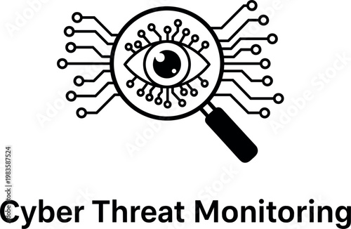 Cyber threat monitoring concept with digital eye and magnifier, network security surveillance and data protection technology illustration
