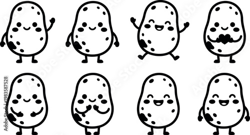 Cute cartoon potatoes with happy faces waving jumping and holding heart vector art