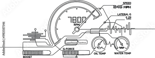 Digital Car Dashboard Interface with Speedometer Tachometer and Performance Data Telemetry for Automotive Technology and Racing UI