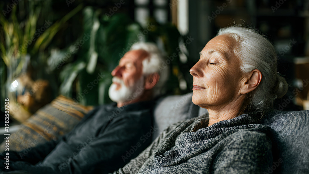 Fototapeta premium Peaceful senior Caucasian couple relaxing at home with closed eyes, practicing mindfulness and deep breathing to enjoy a serene, stress-free retirement lifestyle together indoors.