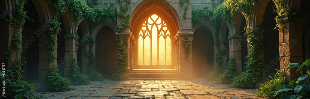 Fototapeta premium Ancient stone courtyard with gothic arches, overgrown ivy. Bright sun shines through ornate window creating warm atmosphere. Pathways paved with stones lead to shadowed archways. Peaceful, serene