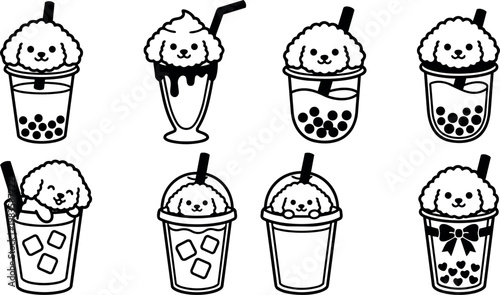 Black and white line art cute dog in bubble tea cups with straws and ice cubes