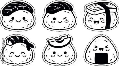Black and white kawaii sushi faces cute rice balls and nigiri vector art