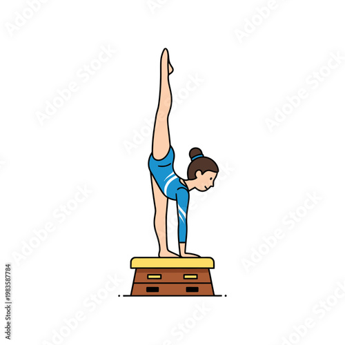 Female gymnast performing a vertical split on a vault platform