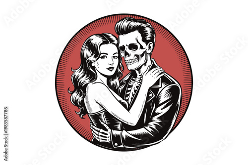 Black and white of a woman hugging a skeleton man in a red circle