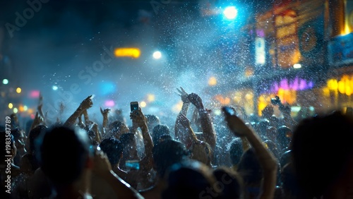 Energetic crowd of tourists and locals celebrating Songkran water festival at night, splashing water and enjoying traditional Thai New Year street party in Bangkok.
