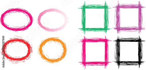 Set of hand-drawn scribble frames, including colorful ellipses and square borders