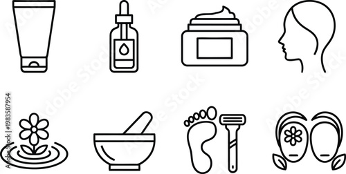 Skincare and beauty spa line icon set featuring cosmetic bottles face mask serum and wellness treatments for salon branding