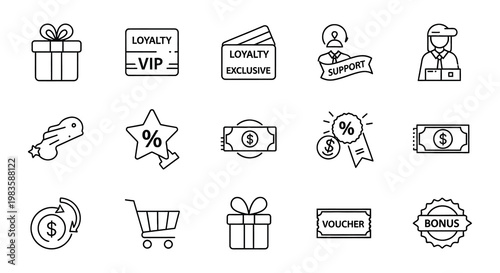 Line art icons representing loyalty programs gifts and customer service silhouette