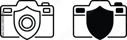 Camera Privacy and Digital Image Protection Icon Set featuring Outline and Solid Shield Symbols for Secure Photography