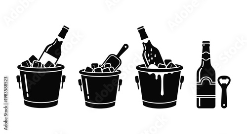 Cooling beverages with ice bottles buckets and tools silhouette