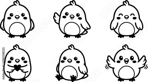 Cute round bird vector art with friendly expressions and gestures in black and white