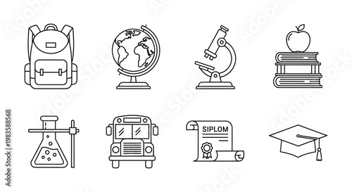 School supplies and academic icons in a clean simple silhouette