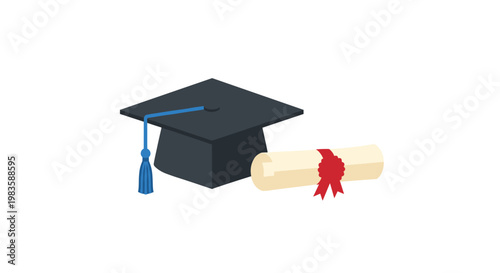 A sleek black graduation cap with a long blue tassel rests beside a rolled cream-colored diploma scroll featuring a bright red wax seal on a white background.