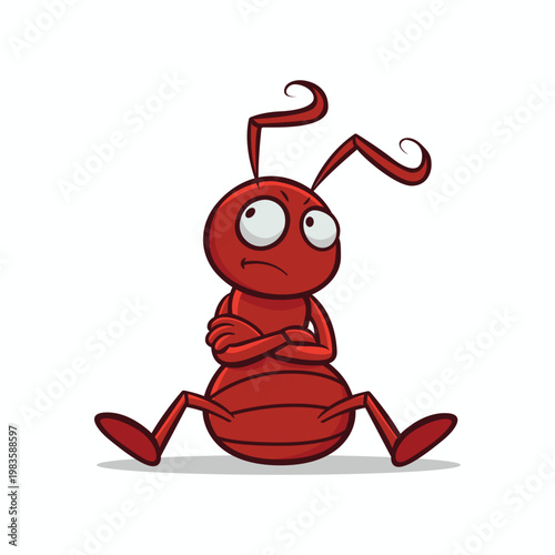 Cartoon Angry Red Ant Sitting with Crossed Arms Illustration