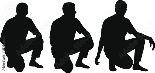 Man squatting silhouettes set, male figures crouching poses collection, human vector illustration design elements