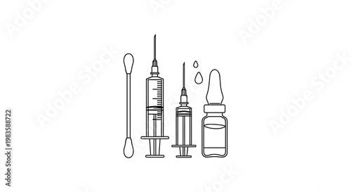 Medical implements including syringes and vials linear art silhouette