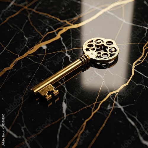 Ornate antique metal key rests upon a polished black marble surface streaked with gold veining