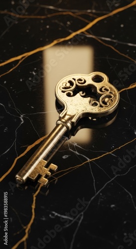 Ornate antique metallic key rests upon a reflective surface featuring dark stone with gold veining