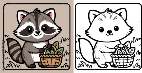 Cute Raccoon with Basket Coloring Page