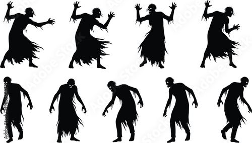 Vector illustration of zombie silhouettes in ragged clothing showing eerie poses and shambling movement for horror and Halloween design