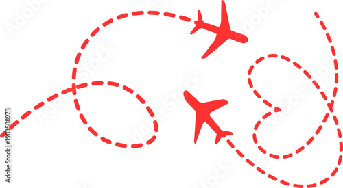 Airplane route in abstract dotted line shape. Background for travel and tourism, travel concept. Start point, airplane and dashed line trace, Airplane routes Red, Travel icon, Travel from start point.