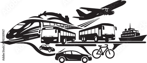 Transportation icons, vehicle symbols, travel signs, black silhouette graphics, transportation modes
