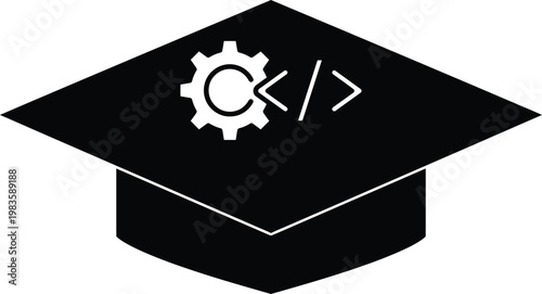 Computer science education icon with graduation cap and coding symbol for online programming courses and university engineering degrees