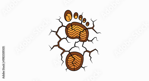 Illustration of a human footprint with cracked earth and leaves, symbolizing climate change and environmental impact on a white background.