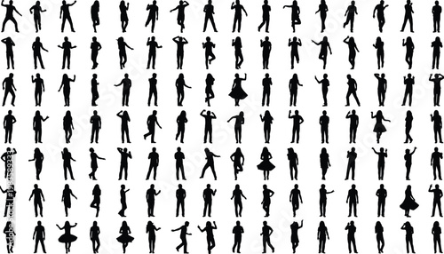 Vector illustration of black silhouettes of people in various poses arranged in grid pattern for gesture, movement, and design reference