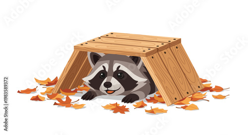A charming raccoon peeks its head out from beneath a small wooden plank shelter surrounded by vibrant orange and yellow autumn leaves on a white background.