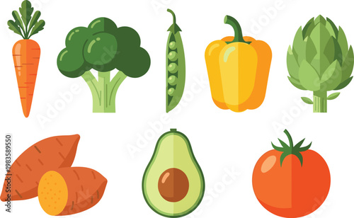 Vegetables set carrot broccoli peas pepper artichoke tomato avocado sweet potato vector illustration fresh food collection