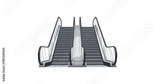 Two parallel escalators with sleek silver steps and black handrails are presented in a perfectly symmetrical and realistic architectural perspective.