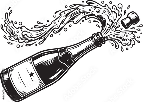 Black and white illustration of champagne bottle cork flying with liquid spraying star label symbolizing celebration festivity achievement and toast