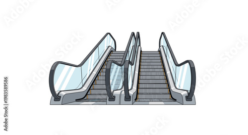 A stylized cartoon illustration of two escalators features thick black outlines and light blue glass panels against a minimalist and clean background.