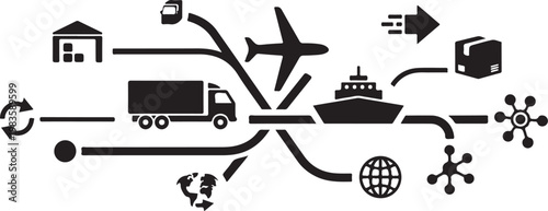 Logistics, transportation and shipping icons, black vector set, supply chain management symbols
