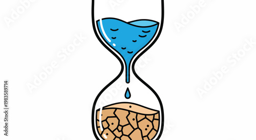 Illustration of an hourglass with blue liquid and orange sand on a white background, symbolizing climate change and time.