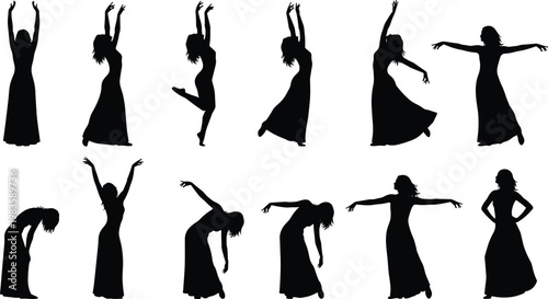 Vector illustration of female dancer silhouettes in long dress showing expressive dance poses with graceful movement and artistic gesture