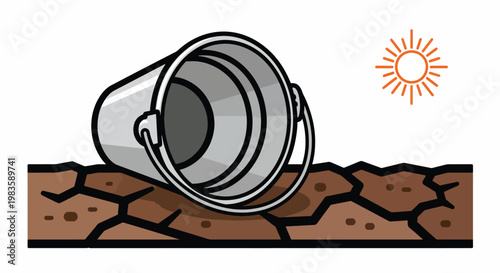 Cartoon illustration of an overturned metal bucket on dry, cracked earth with a sun symbol in the background, conveying climate change and drought.