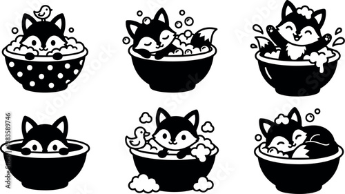 Black and white fox in bubble bath vector art set with rubber duck