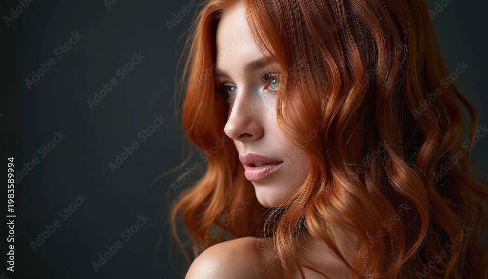 Naklejka premium Woman with long wavy auburn hair styled elegantly. Her portrait features a detailed profile view with rich, flowing locks against a dark background, highlighting natural texture and shine.